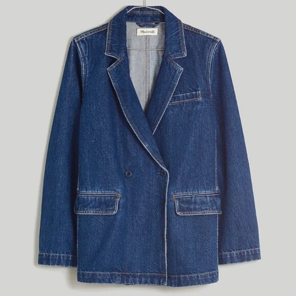 Madewell Blue Denim Jean Double Breasted Blazer Sports Jacket Deardorff Wash XS - Picture 1 of 16